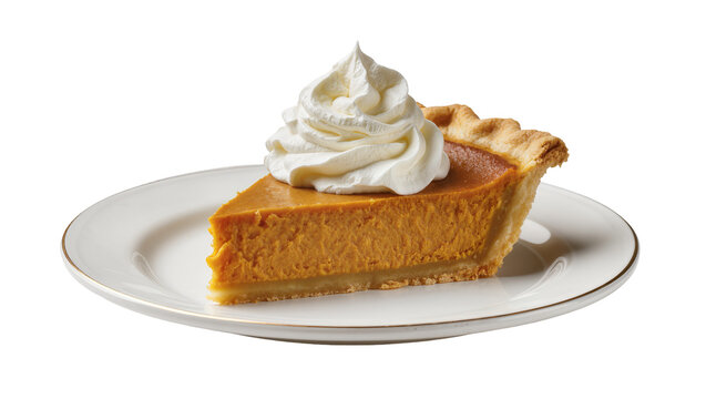 Slice of pumpkin pie with whipped cream on white plate