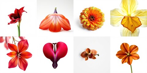 Obraz premium Floral collage displays diverse blooms. Vivid colors, delicate petals, botanical beauty presented simply. Focus on shapes, textures.