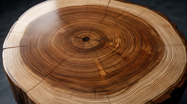 Timber cross section reveals detailed circular growth rings on the surface of a solid wooden log that showcases the natural organic patterns of a tree trunk in a professional studio setting.
