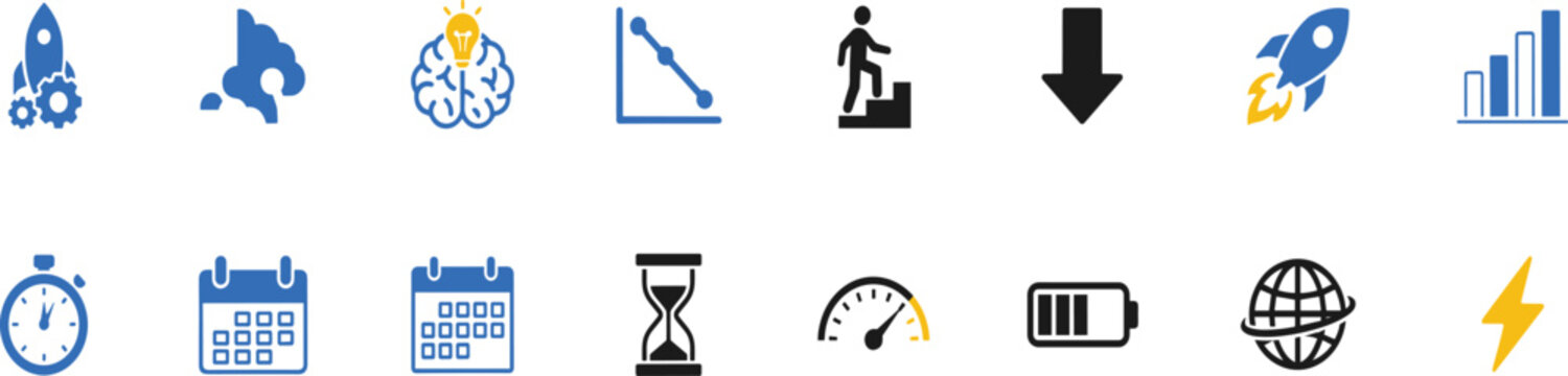 Business and Startup Progress Minimalist Icon Collection with Rocket Brainstorming Calendar Financial Charts and Time Management Graphic Elements
