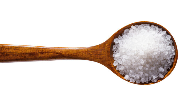 Wooden spoon filled with coarse sea salt crystals
