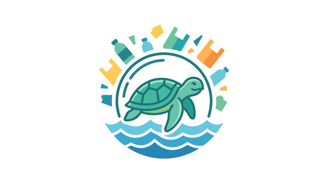 Sea Turtle in Polluted Ocean with Plastic Bags and Bottles