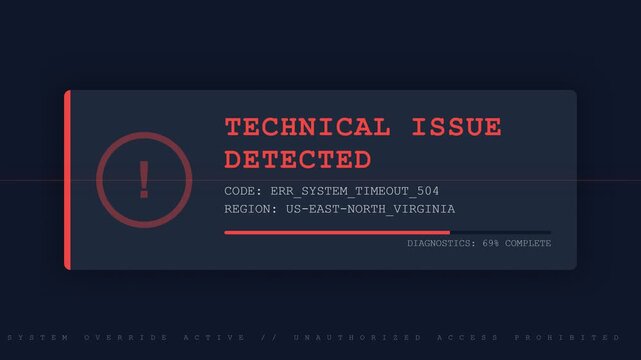 Technical issue, error message with diagnostics progress bar, cybersecurity alert on screen, seamless loop, symbolizing technology failure and system maintenance.