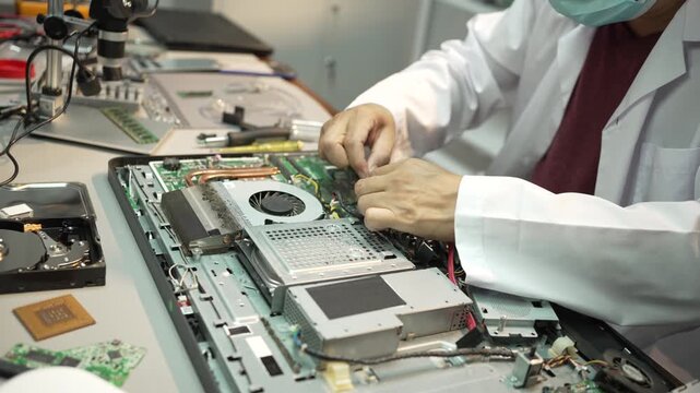 Technician in a lab coat and face mask repairing an open computer motherboard on a workbench with tools and electronic parts, showing careful electronics service and maintenance.