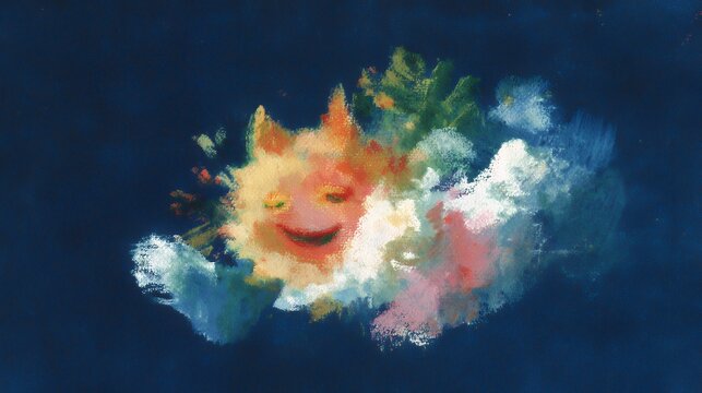 Whimsical alien head with a joyful smile in colorful abstract clouds