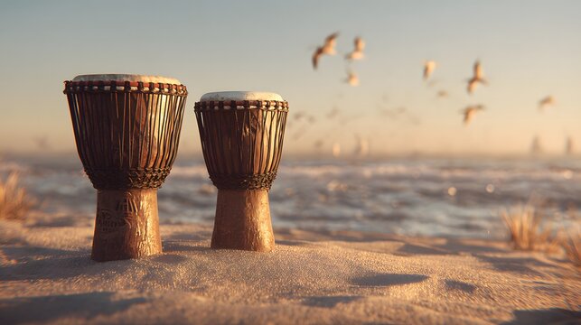Two djembe drums on sandy beach at sunset with birds flying