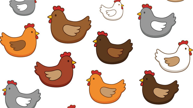 Cute cartoon chicken and hen seamless pattern vector background featuring colorful domestic birds orange brown white grey isolated on white