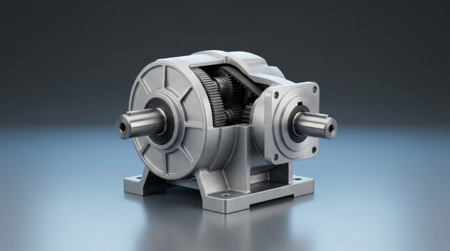 Precision engineered industrial drive system assembly 3D render, mechanical power transmission unit, torque transfer housing for robotics and machinery systems