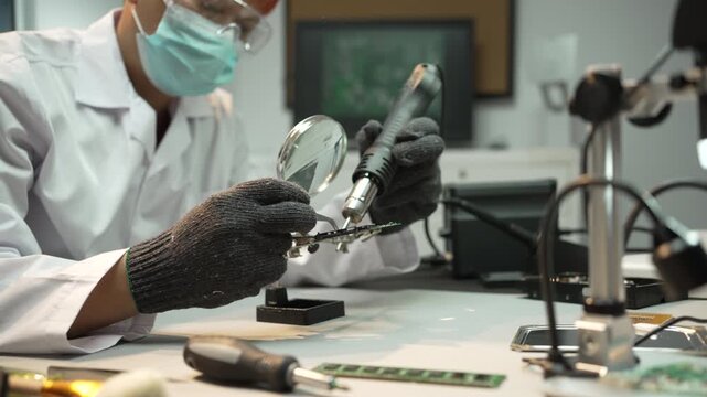 Scientist in a lab coat uses a magnifying glass and tool to inspect a small circuit board at a workbench, showing precision, research, quality control, and electronics repair.