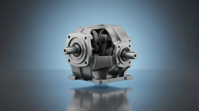 Precision engineered industrial transmission unit 3D render, torque conversion gearbox system, mechanical power transfer and drivetrain control assembly