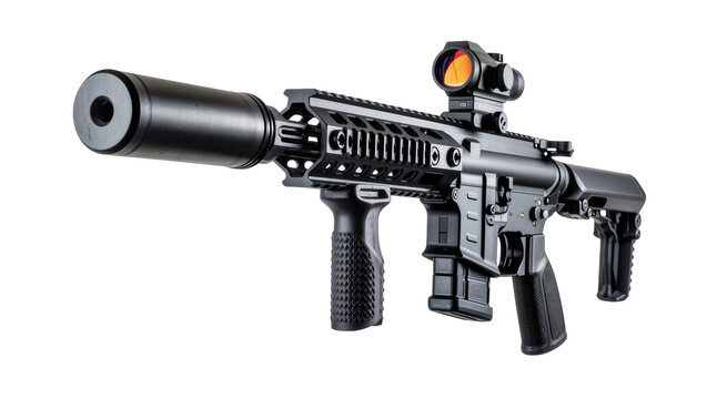 Tactical assault rifle with silencer and red dot sight