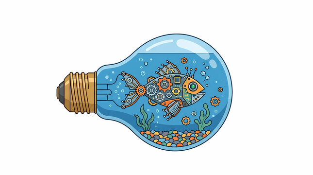 Mechanical robot fish swimming inside a glass lightbulb aquarium