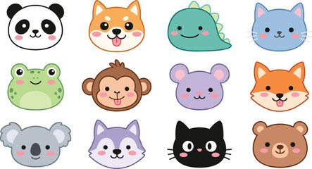 Cute kawaii animal faces vector illustration set featuring cartoon panda dog cat fox bear frog monkey and koala avatars isolated on white background © MDFahim