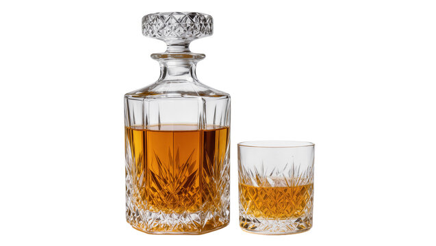 Crystal decanter and glass filled with amber liquid