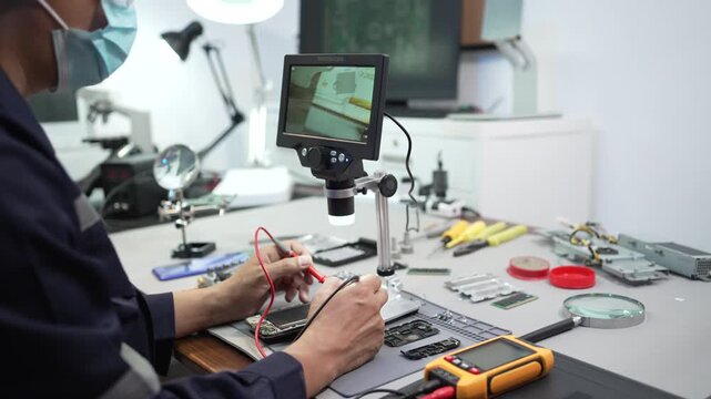 Technician in safety glasses and mask repairs a smartphone at a workbench using a microscope screen and tools in an electronics workshop.