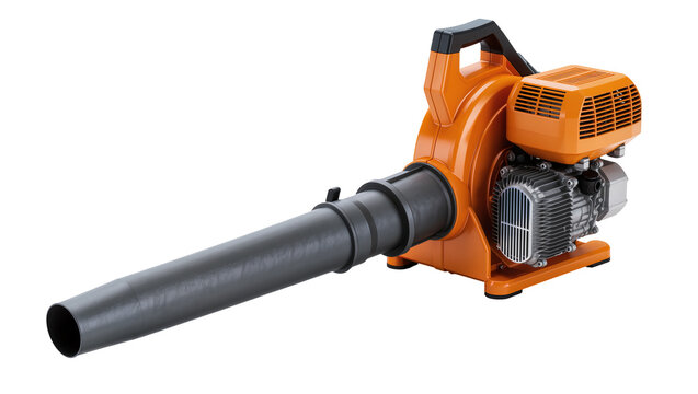 Orange and gray gasoline leaf blower with engine and nozzle