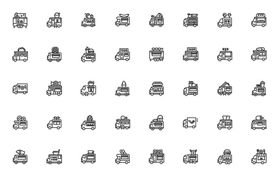 Food truck icon set. Minimalist vector icons pack. Featuring mobile kitchen, catering truck, street food, food vendor, and more. Editable vector stroke.