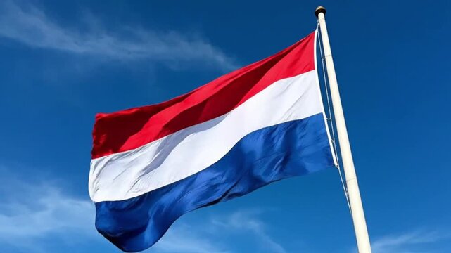 The national flag of the netherlands waving against a clear blue sky