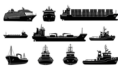 Black silhouette collection of various marine vessels and cargo ships © KHATUN
