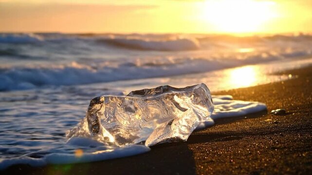 A beautiful, transparent and shiny object on a sandy beach at sunset