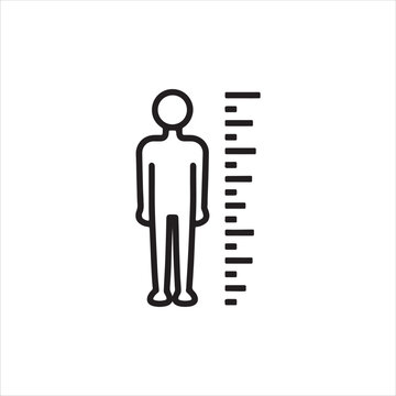 Human height measurement icon, linear style vector illustration of a person standing next to a ruler scale, used for growth tracking or medical check