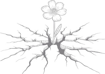 Fototapeta premium Delicate flower blooms from cracked earth, symbolizing hope and resilience