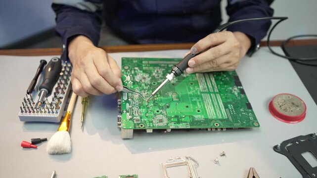 Technician soldering and repairing a green circuit board on a workbench with tools and electronic parts in a workshop.