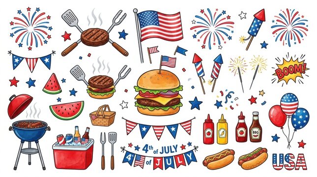 Hand-drawn 4th of July BBQ clip art set, patriotic American Independence Day celebration icons, watercolor style summer cookout elements on white background