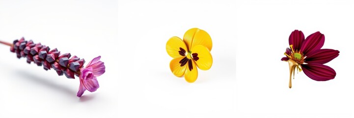 Obraz premium Floral arrangement showcases lavender, pansy, cosmos blooms. Delicate petals, vibrant colors present simple beauty. Isolated presentation.