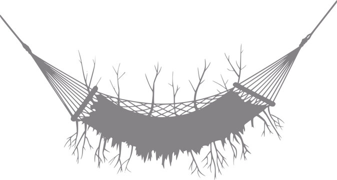 Silhouette of a hammock with branches and roots growing from it