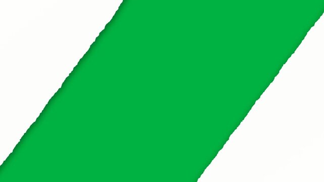 Animated horizontal torn white paper transition parting to reveal green screen chroma key background with smooth shadows