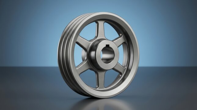 Precision engineered industrial drive pulley 3D render, belt transmission wheel, rotational torque transfer component for machinery and conveyor systems
