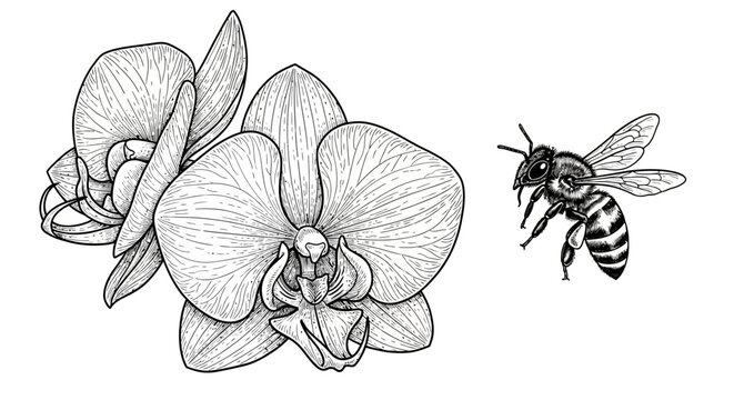 Bee flying to orchid flower.