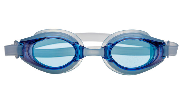 Blue swimming goggles with clear lenses and adjustable strap