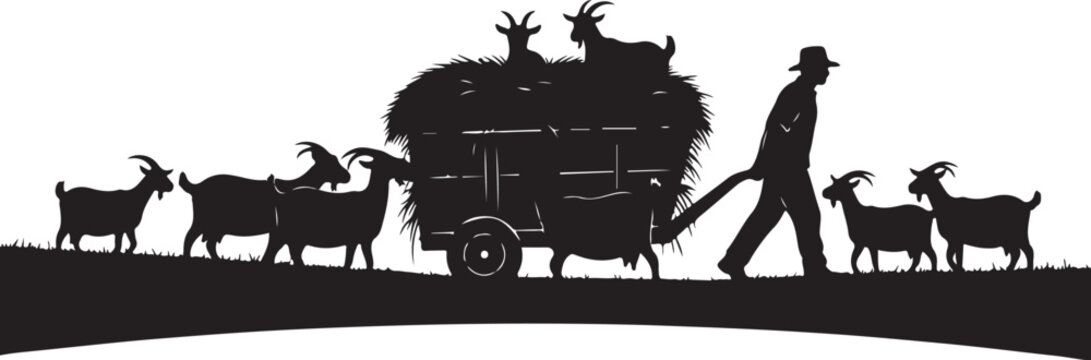 Black silhouette man pulling cart with goats and hay
