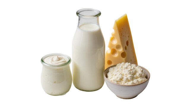 Dairy products milk yogurt cottage cheese, and Swiss cheese wedge