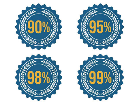 満足度・実績の％数字バッジイラストセット（ネイビー&times;ゴールド）90%、95%、98%、99%