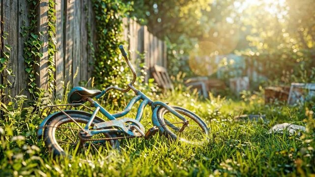 Abandoned childs bicycle lying in overgrown backyard garden near ivy-covered wooden fence. Symbol of missing child and lost childhood awareness for international missing children day