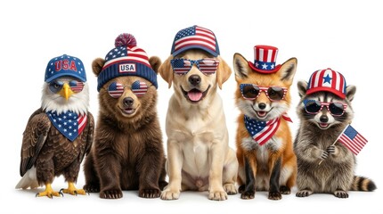 Naklejka premium Patriotic American animals wearing USA flag hats and sunglasses, group of wild animals and dog celebrating 4th of July, Fourth of July holiday concept