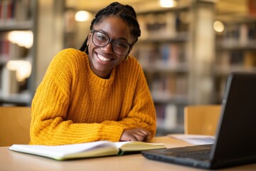 Obraz premium The student smiling at camera with laptop and open book in library