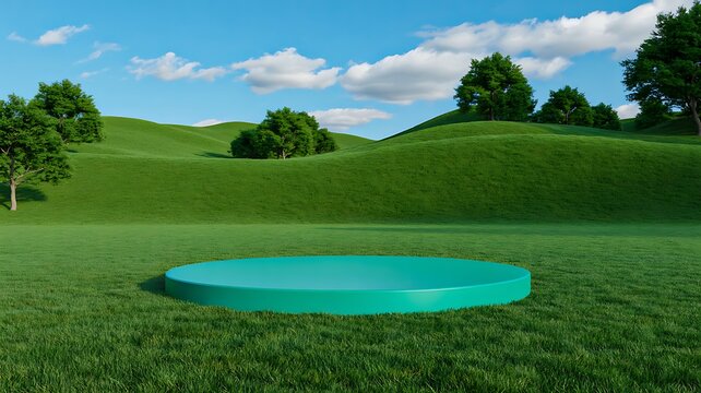 Green rolling hills landscape with circular platform and blue sky background