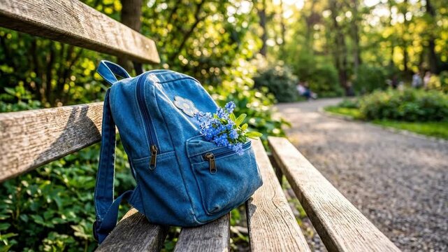 Blue backpack with forget-me-not flowers on wooden park bench. Symbol of lost child in green garden setting. International missing childrens day awareness and remembrance concept