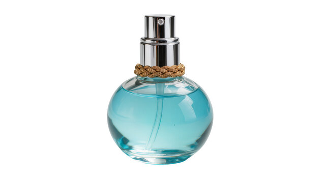 Round glass perfume bottle with blue liquid and metallic sprayer