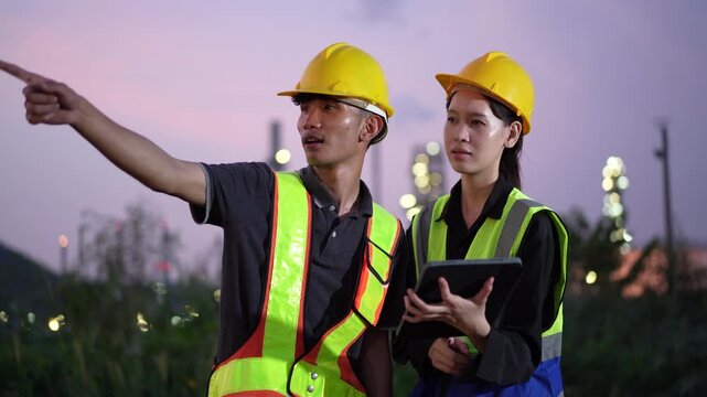 Industrial engineers conducting site inspection at a manufacturing facility using digital technology. Workplace safety, engineering operations, industrial management and smart factory monitoring.