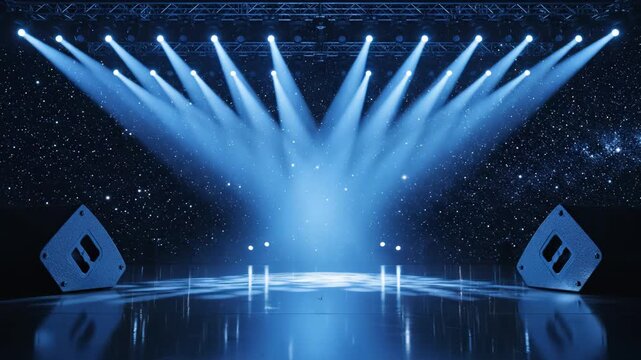 Empty stage with spotlights and speakers