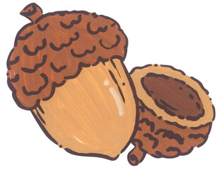 Acorn hand drawn illustration, autumn oak nut, cozy thanksgiving harvest decor, warm forest nature mood, vintage pattern card graphic design © Khaneeros