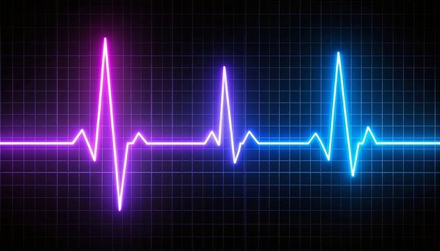 Neon ECG waveform on dark grid background showing heartbeat rhythm.