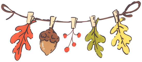 Acorn hand drawn illustration, autumn oak nut, cozy thanksgiving harvest decor, warm forest nature mood, vintage pattern card graphic design © Khaneeros