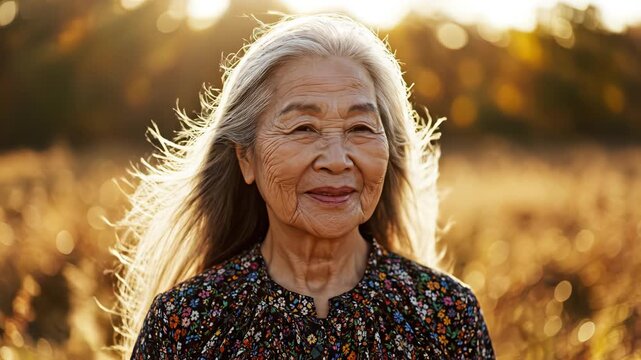 Elderly woman with long hair in a field