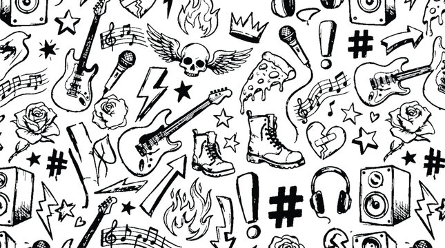 Vector seamless pattern with hand drawn rock music and punk culture elements. Guitars, skulls, flames, boots, microphones, musical notes, stars, and more.